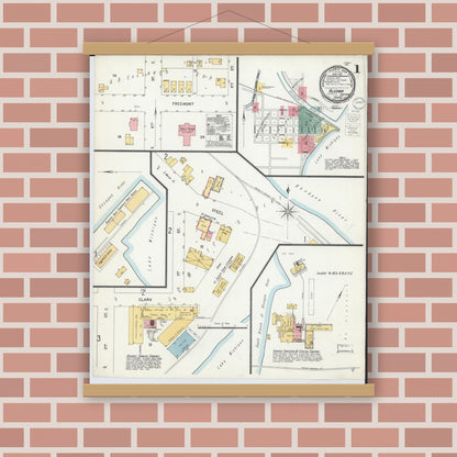 Old map wall art mockup — magnetic wood frame on brick wall — Sanborn Fire Insurance Map from Algoma, Kewaunee County, Wisconsin (1900), Sheet #0001