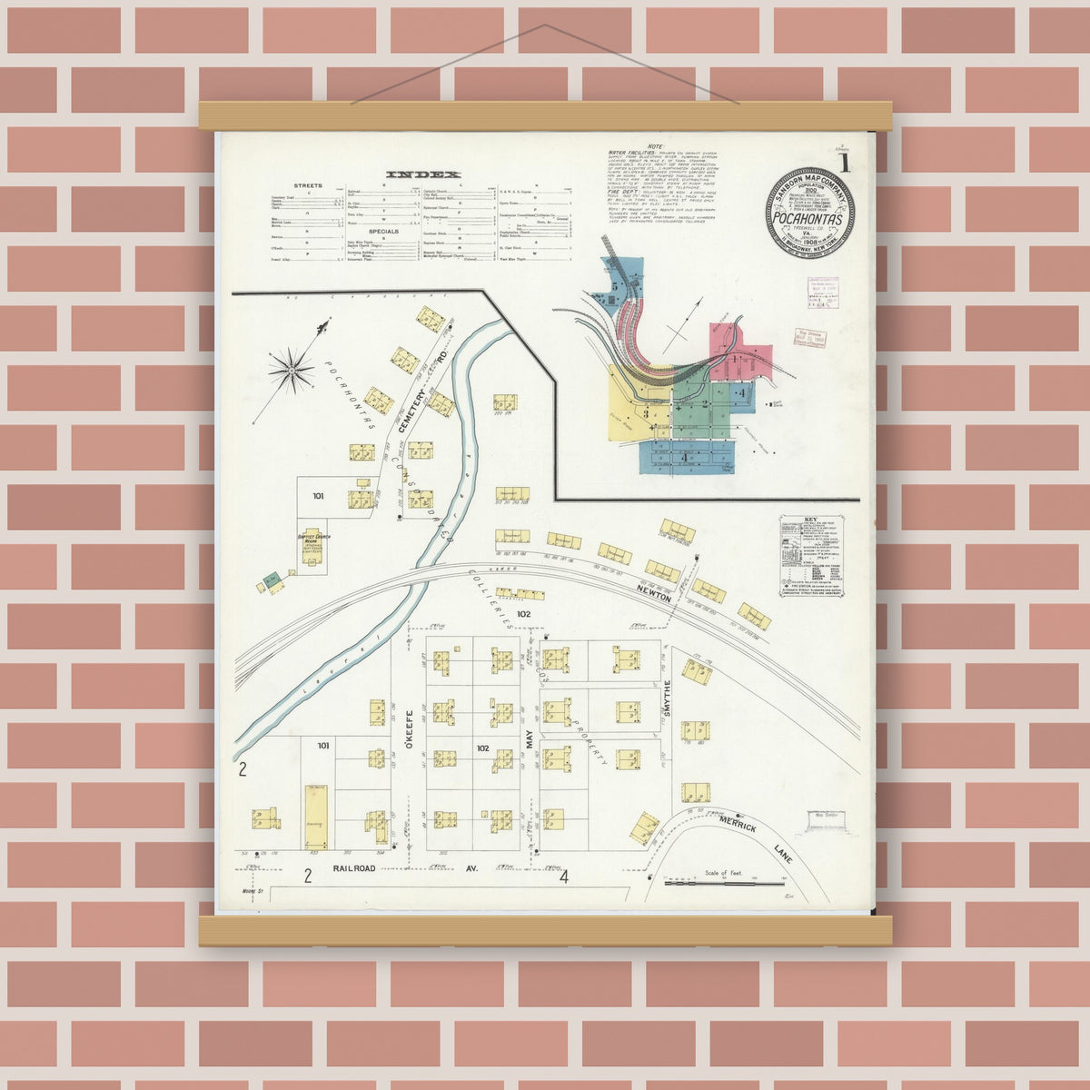 Old map wall art mockup — magnetic wood frame on brick wall — Sanborn Fire Insurance Map from Pocahontas, Tazewell County, Virginia (1908) - Complete Map Set