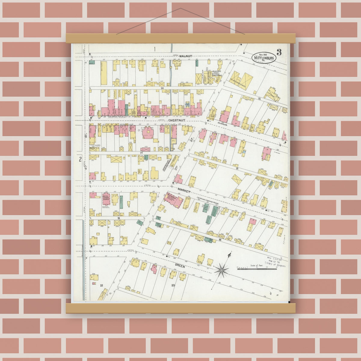 Old map wall art mockup — magnetic wood frame on brick wall — Sanborn Fire Insurance Map from Mifflinburg, Union County, Pennsylvania (1901), Sheet #0003