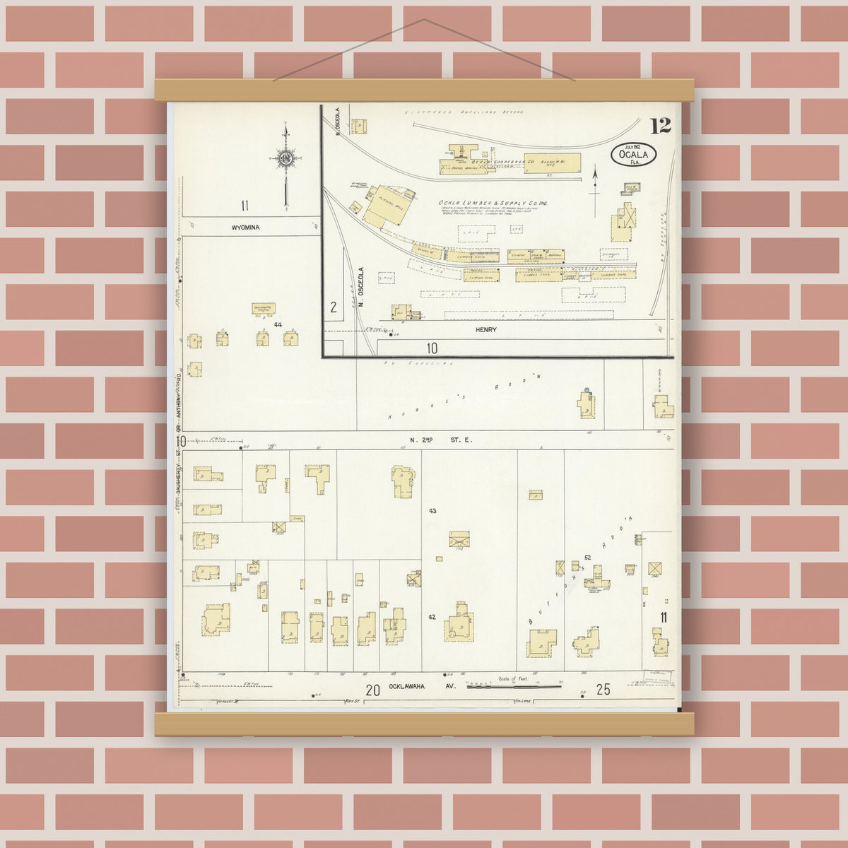 Old map wall art mockup — magnetic wood frame on brick wall — Sanborn Fire Insurance Map from Ocala, Marion County, Florida (1912), Sheet #0012