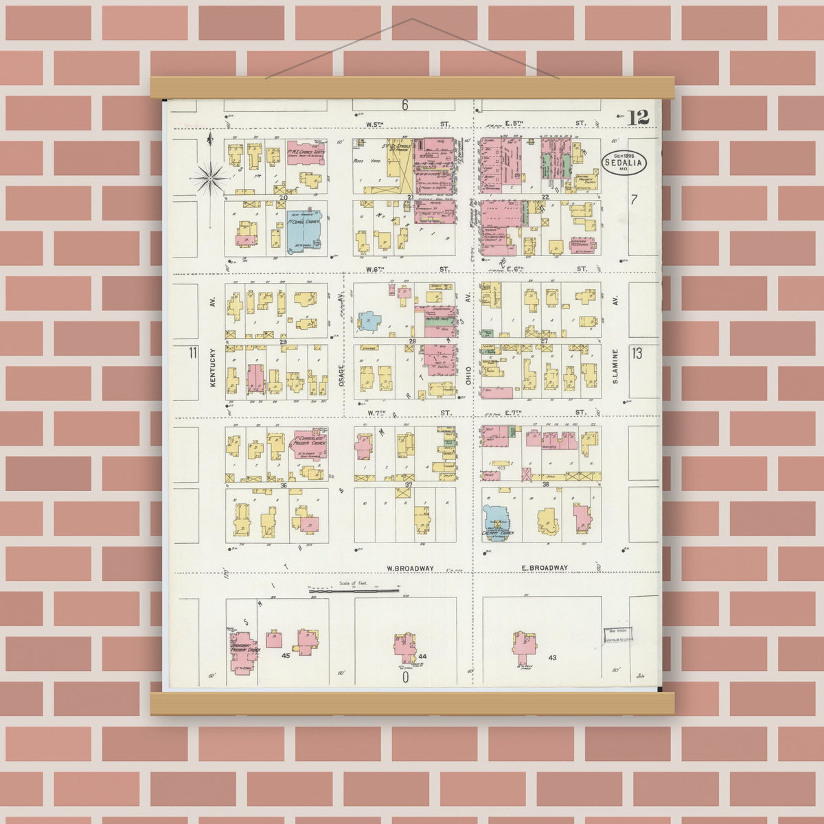 Old map wall art mockup — magnetic wood frame on brick wall — Sanborn Fire Insurance Map from Sedalia, Pettis County, Missouri (1898), Sheet #0012