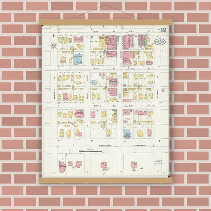 Old map wall art mockup — magnetic wood frame on brick wall — Sanborn Fire Insurance Map from Sedalia, Pettis County, Missouri (1898), Sheet #0012