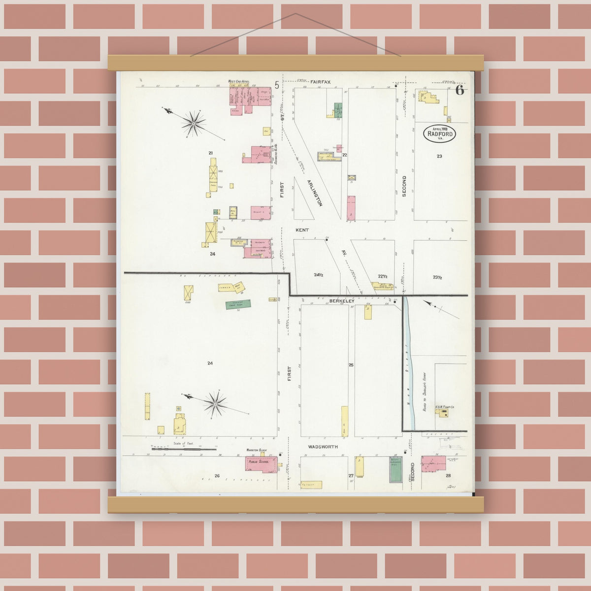 Old map wall art mockup — magnetic wood frame on brick wall — Sanborn Fire Insurance Map from Radford, Independent Cities, Virginia (1908), Sheet #0006