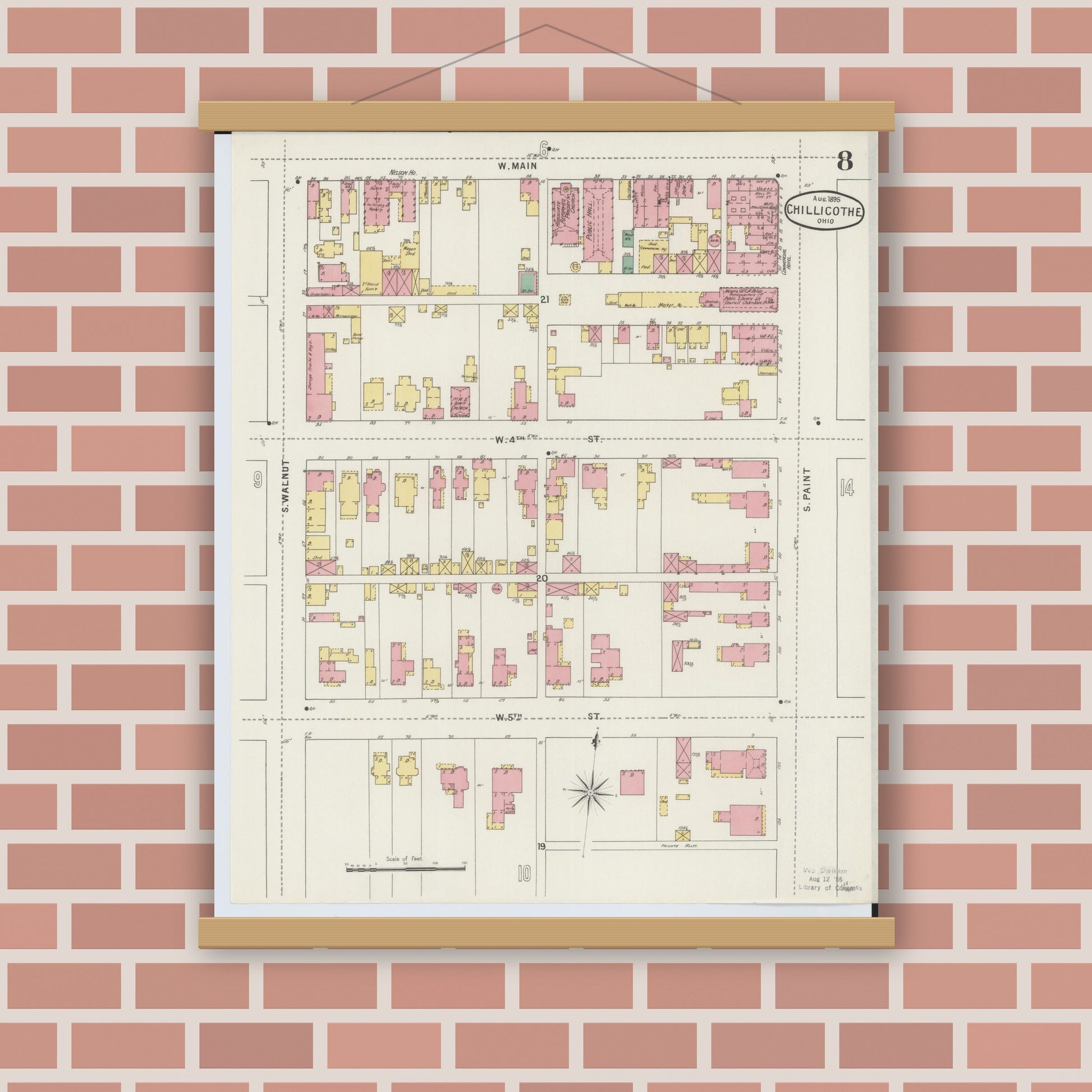 Old map wall art mockup — magnetic wood frame on brick wall — Sanborn Fire Insurance Map from Chillicothe, Ross County, Ohio (1895), Sheet #0008