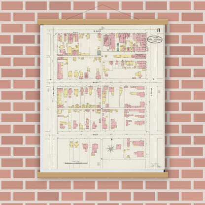 Old map wall art mockup — magnetic wood frame on brick wall — Sanborn Fire Insurance Map from Chillicothe, Ross County, Ohio (1895), Sheet #0008