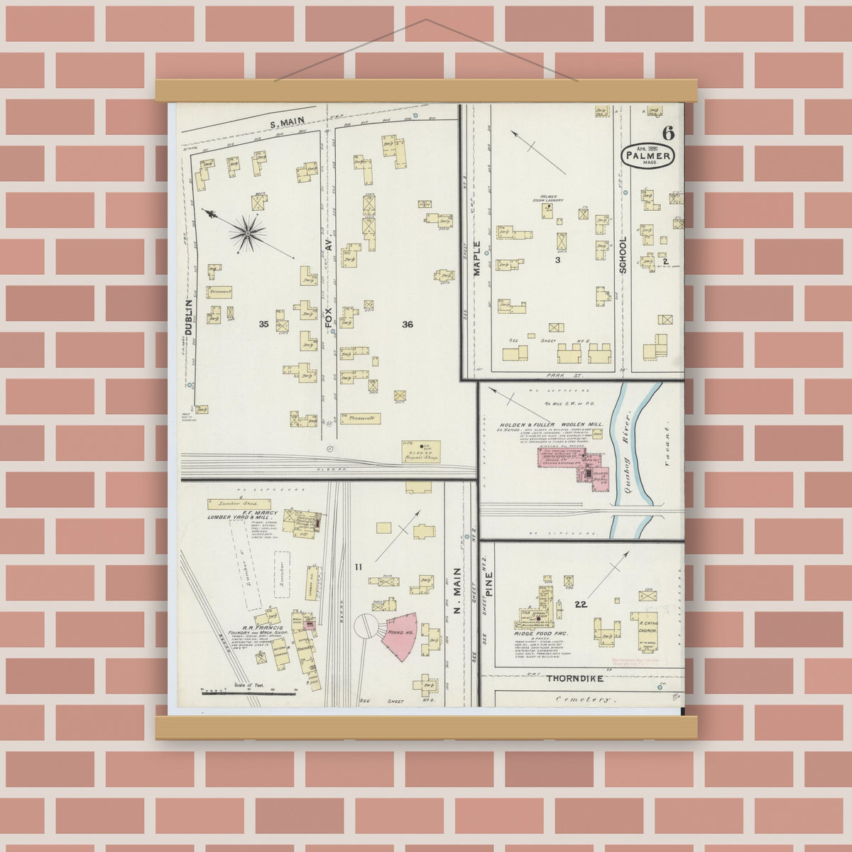 Old map wall art mockup — magnetic wood frame on brick wall — Sanborn Fire Insurance Map from Palmer, Hampden County, Massachusetts (1891), Sheet #0006