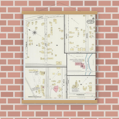 Old map wall art mockup — magnetic wood frame on brick wall — Sanborn Fire Insurance Map from Palmer, Hampden County, Massachusetts (1891), Sheet #0006