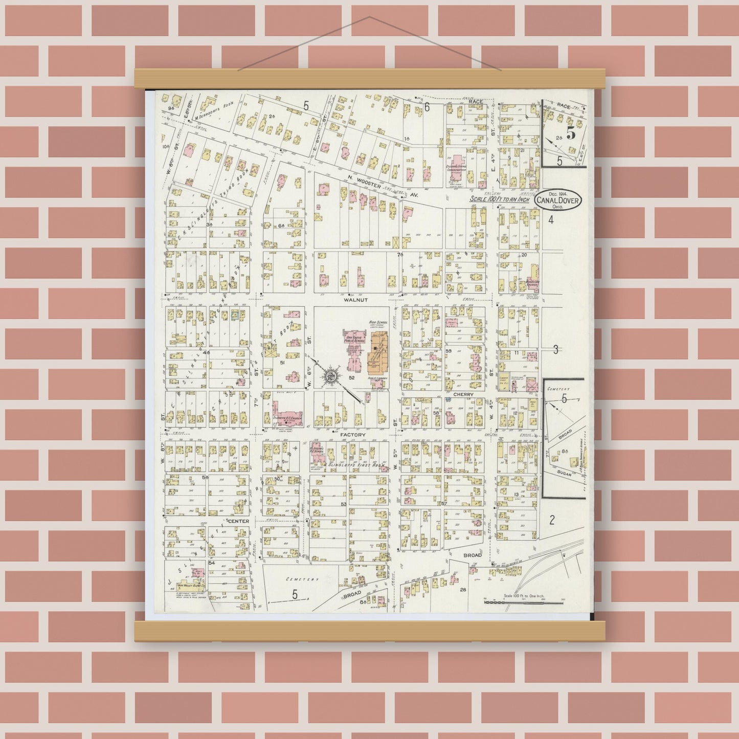 Old map wall art mockup — magnetic wood frame on brick wall — Sanborn Fire Insurance Map from Canal Dover, Tuscarawas County, Ohio (1914), Sheet #0005