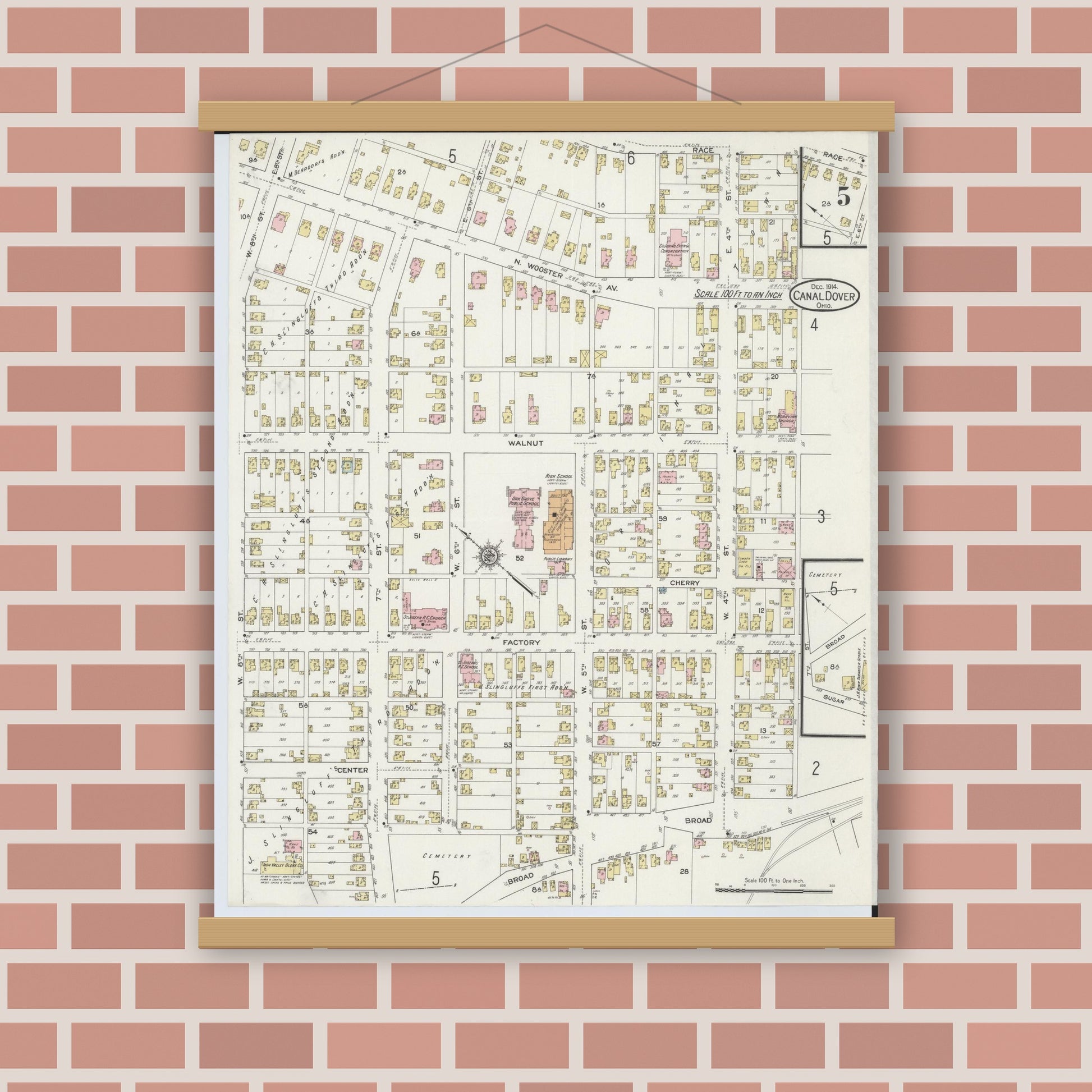 Old map wall art mockup — magnetic wood frame on brick wall — Sanborn Fire Insurance Map from Canal Dover, Tuscarawas County, Ohio (1914), Sheet #0005