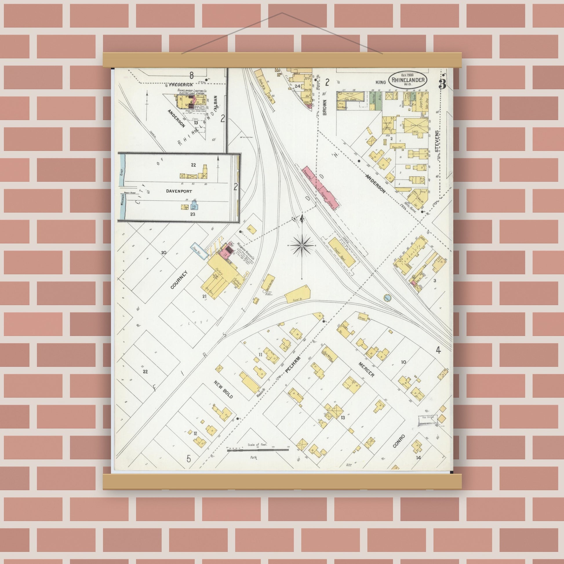 Old map wall art mockup — magnetic wood frame on brick wall — Sanborn Fire Insurance Map from Rhinelander, Oneida County, Wisconsin (1900), Sheet #0003
