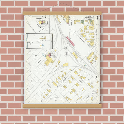 Old map wall art mockup — magnetic wood frame on brick wall — Sanborn Fire Insurance Map from Rhinelander, Oneida County, Wisconsin (1900), Sheet #0003