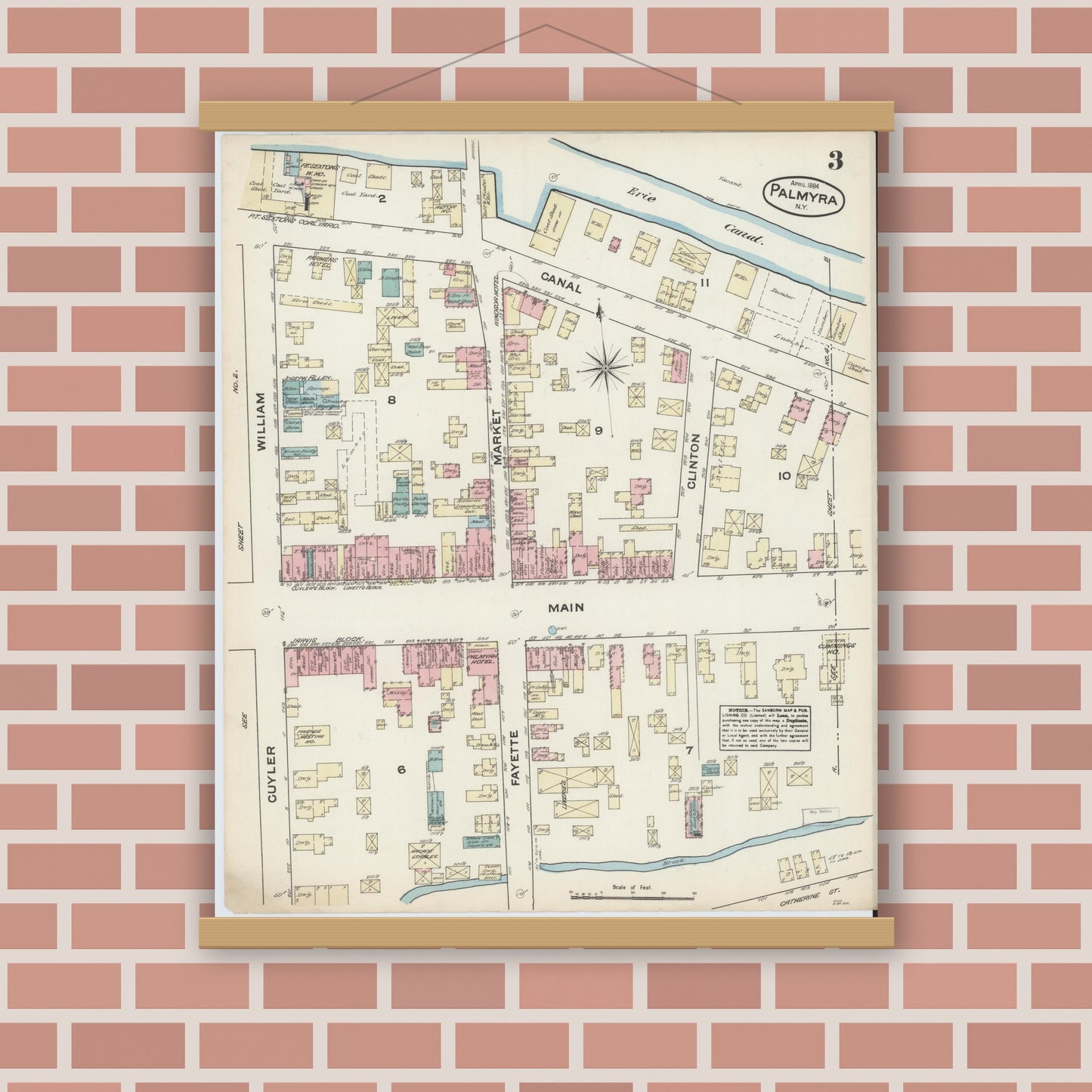 Old map wall art mockup — magnetic wood frame on brick wall — Sanborn Fire Insurance Map from Palmyra, Wayne County, New York (1884), Sheet #0003