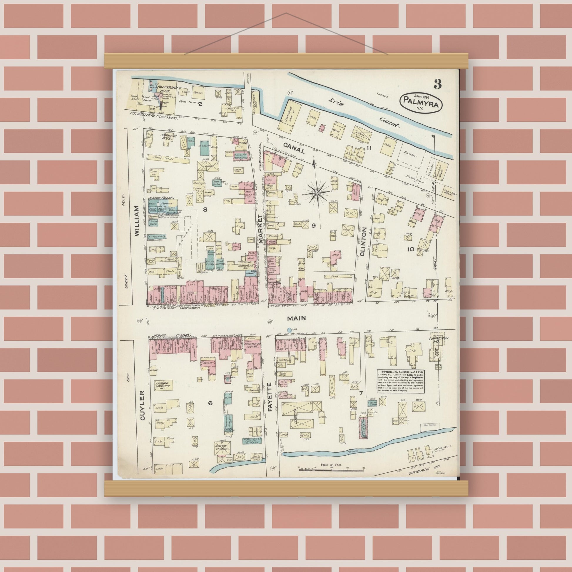 Old map wall art mockup — magnetic wood frame on brick wall — Sanborn Fire Insurance Map from Palmyra, Wayne County, New York (1884), Sheet #0003