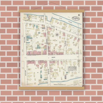 Old map wall art mockup — magnetic wood frame on brick wall — Sanborn Fire Insurance Map from Palmyra, Wayne County, New York (1884), Sheet #0003