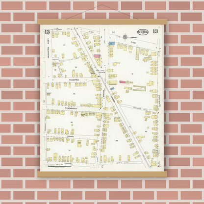 Old map wall art mockup — magnetic wood frame on brick wall — Sanborn Fire Insurance Map from New Bern, Craven County, North Carolina (1924), Sheet #0013