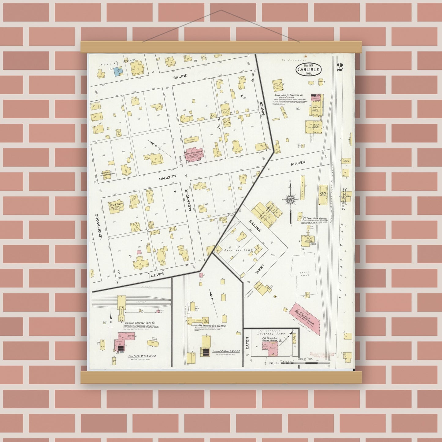 Old map wall art mockup — magnetic wood frame on brick wall — Sanborn Fire Insurance Map from Carlisle, Sullivan County, Indiana (1915), Sheet #0002