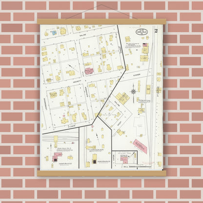 Old map wall art mockup — magnetic wood frame on brick wall — Sanborn Fire Insurance Map from Carlisle, Sullivan County, Indiana (1915), Sheet #0002