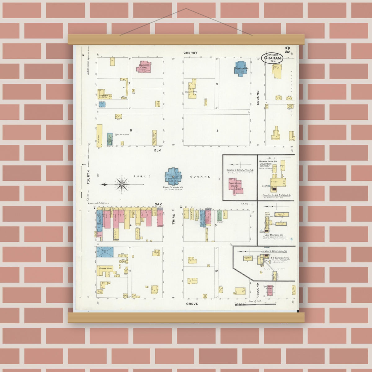 Old map wall art mockup — magnetic wood frame on brick wall — Sanborn Fire Insurance Map from Graham, Young County, Texas (1908), Sheet #0002