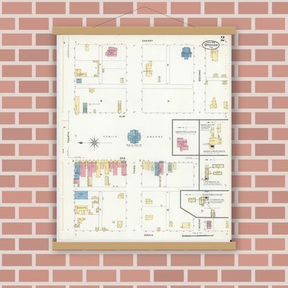 Old map wall art mockup — magnetic wood frame on brick wall — Sanborn Fire Insurance Map from Graham, Young County, Texas (1908), Sheet #0002