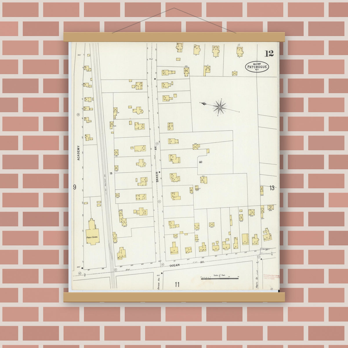 Old map wall art mockup — magnetic wood frame on brick wall — Sanborn Fire Insurance Map from Patchogue, Suffolk County, New York (1897), Sheet #0012