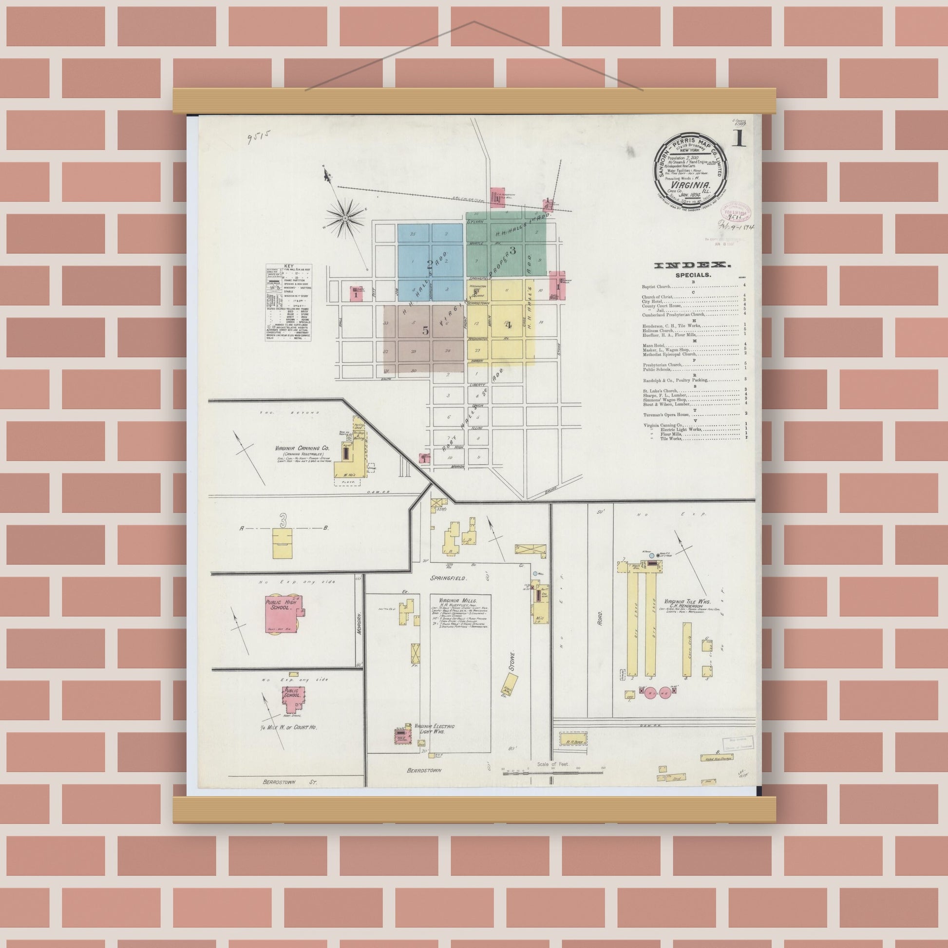 Old map wall art mockup — magnetic wood frame on brick wall — Sanborn Fire Insurance Map from Virginia, Cass County, Illinois (1894) - Complete Map Set
