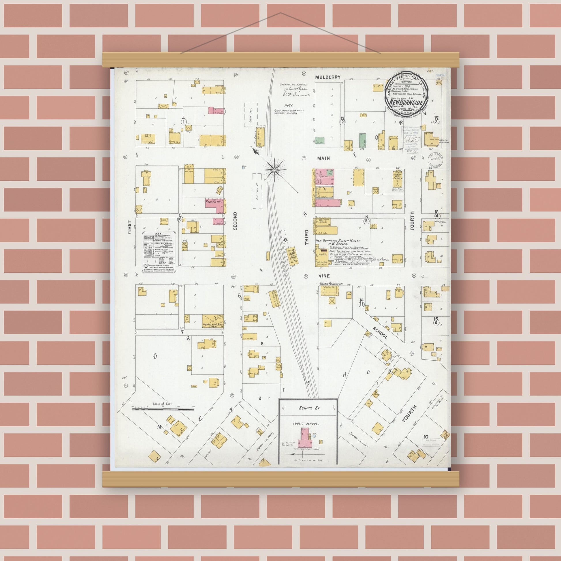 Old map wall art mockup — magnetic wood frame on brick wall — Sanborn Fire Insurance Map from New Burnside, Johnson County, Illinois (1900), Sheet #0001