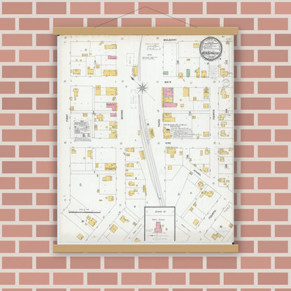Old map wall art mockup — magnetic wood frame on brick wall — Sanborn Fire Insurance Map from New Burnside, Johnson County, Illinois (1900), Sheet #0001
