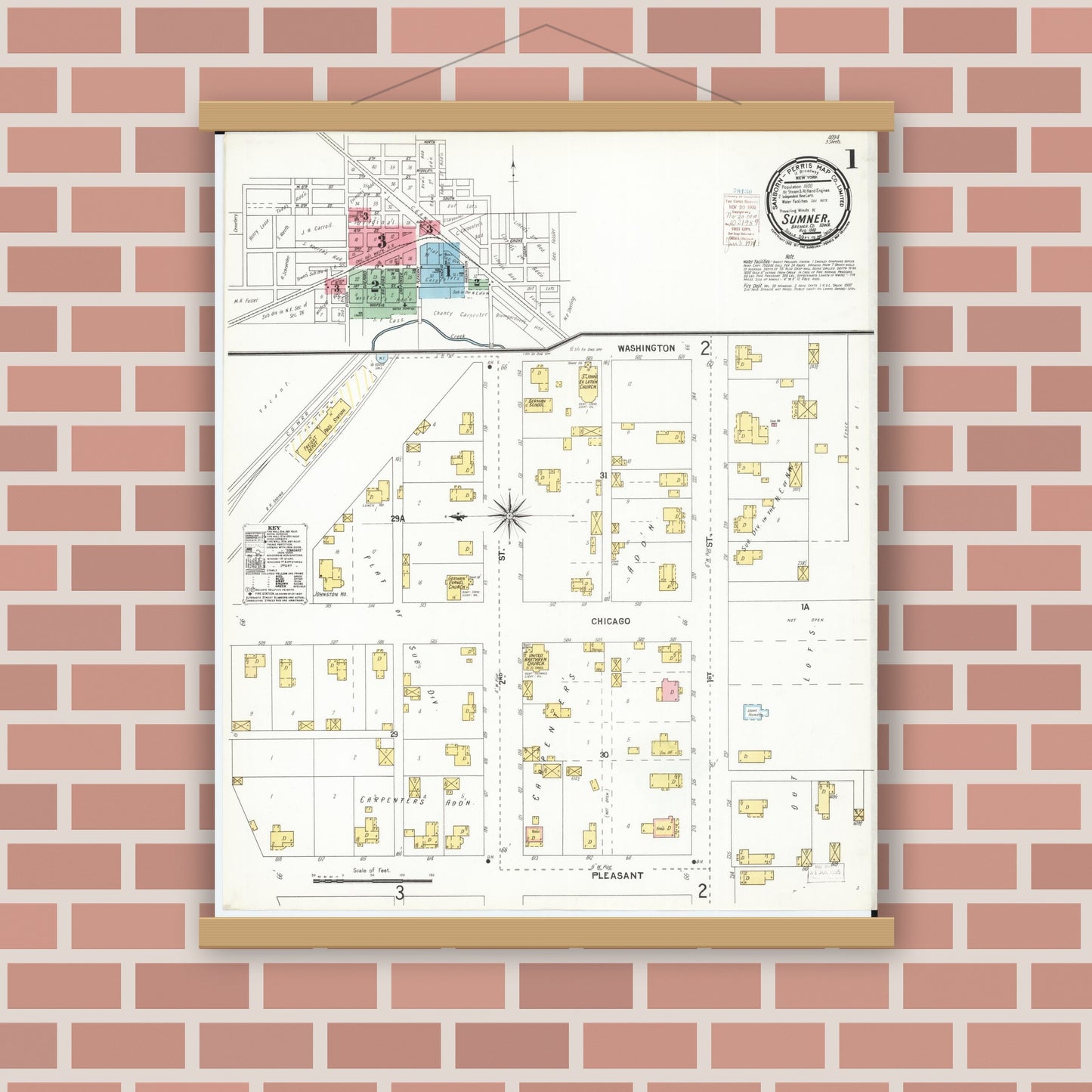 Old map wall art mockup — magnetic wood frame on brick wall — Sanborn Fire Insurance Map from Sumner, Bremer County, Iowa (1900), Sheet #0001