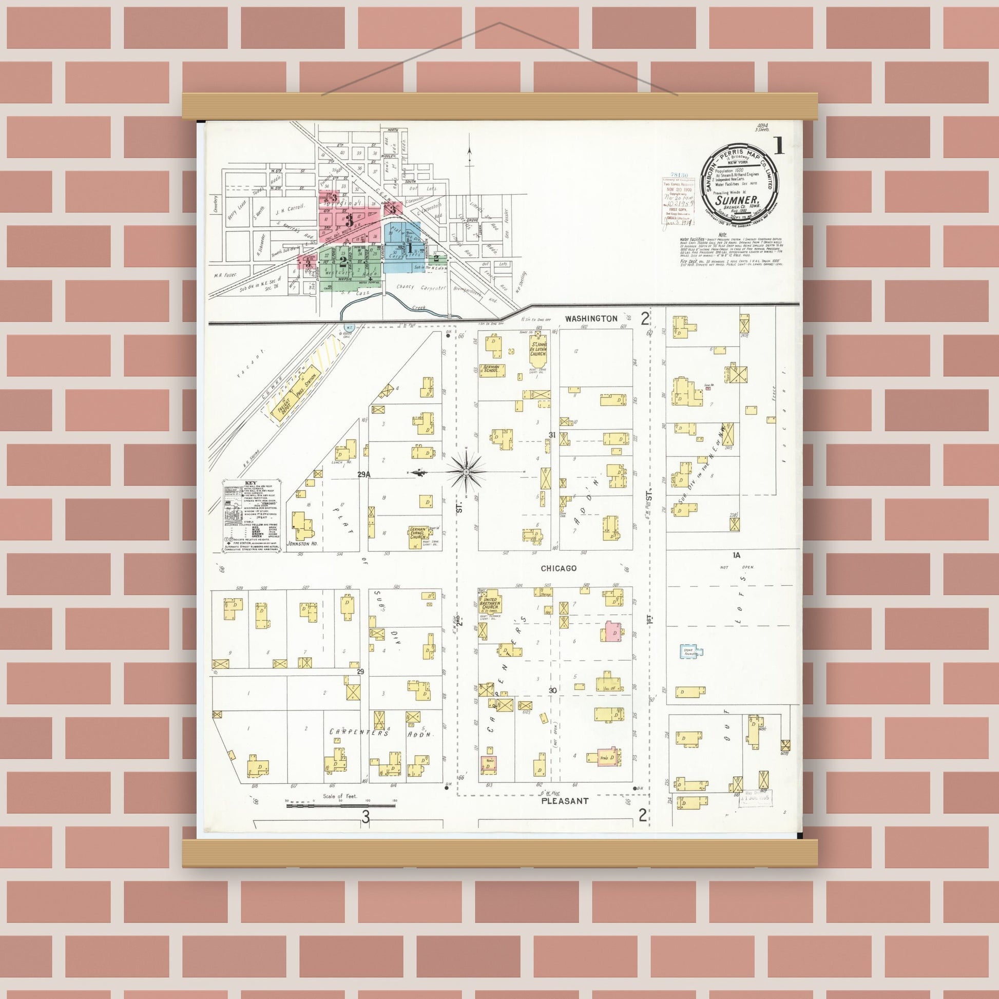 Old map wall art mockup — magnetic wood frame on brick wall — Sanborn Fire Insurance Map from Sumner, Bremer County, Iowa (1900), Sheet #0001