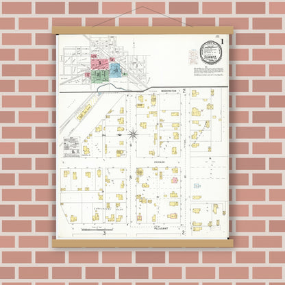 Old map wall art mockup — magnetic wood frame on brick wall — Sanborn Fire Insurance Map from Sumner, Bremer County, Iowa (1900), Sheet #0001