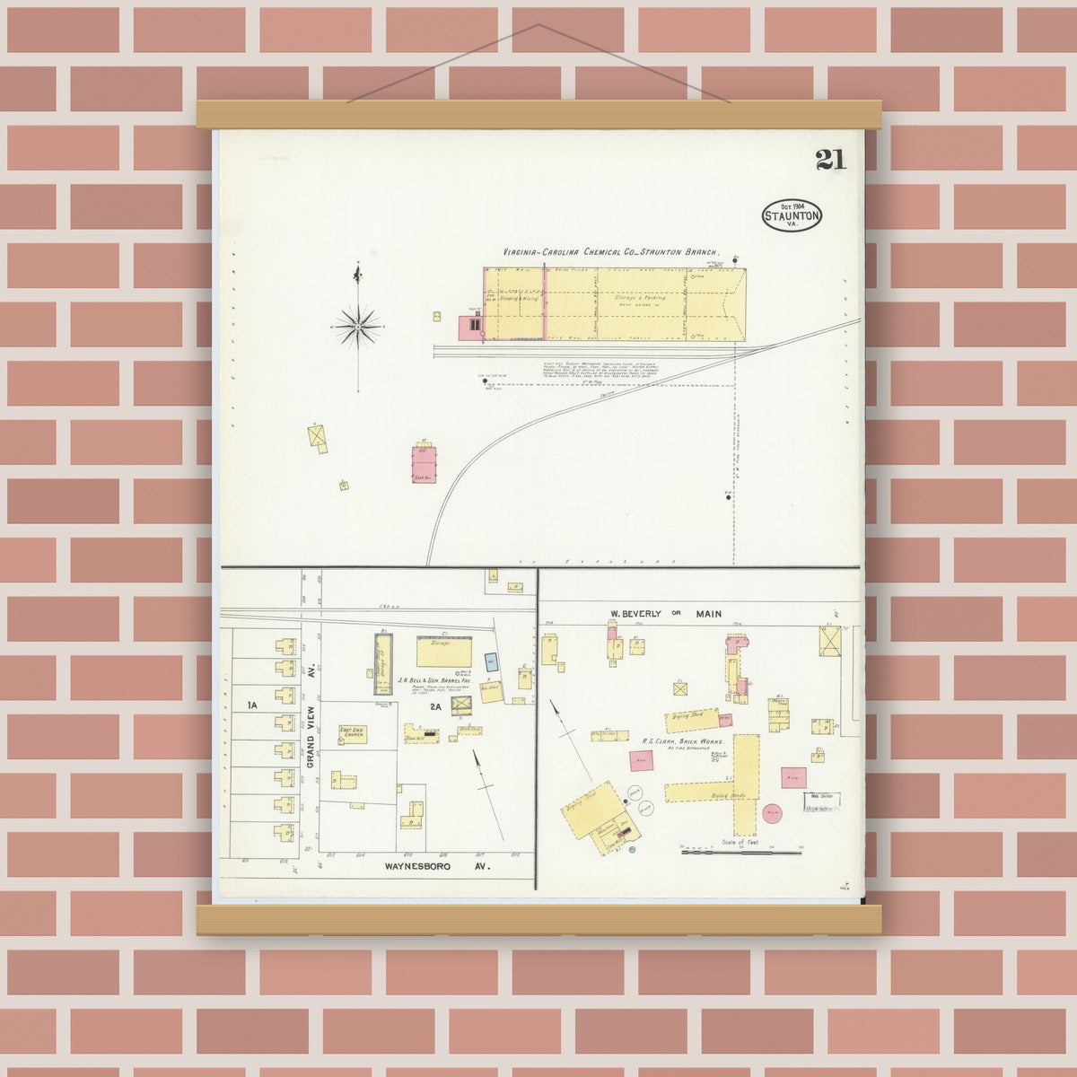Old map wall art mockup — magnetic wood frame on brick wall — Sanborn Fire Insurance Map from Staunton, Independent Cities, Virginia (1904), Sheet #0021
