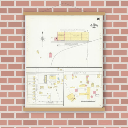 Old map wall art mockup — magnetic wood frame on brick wall — Sanborn Fire Insurance Map from Staunton, Independent Cities, Virginia (1904), Sheet #0021