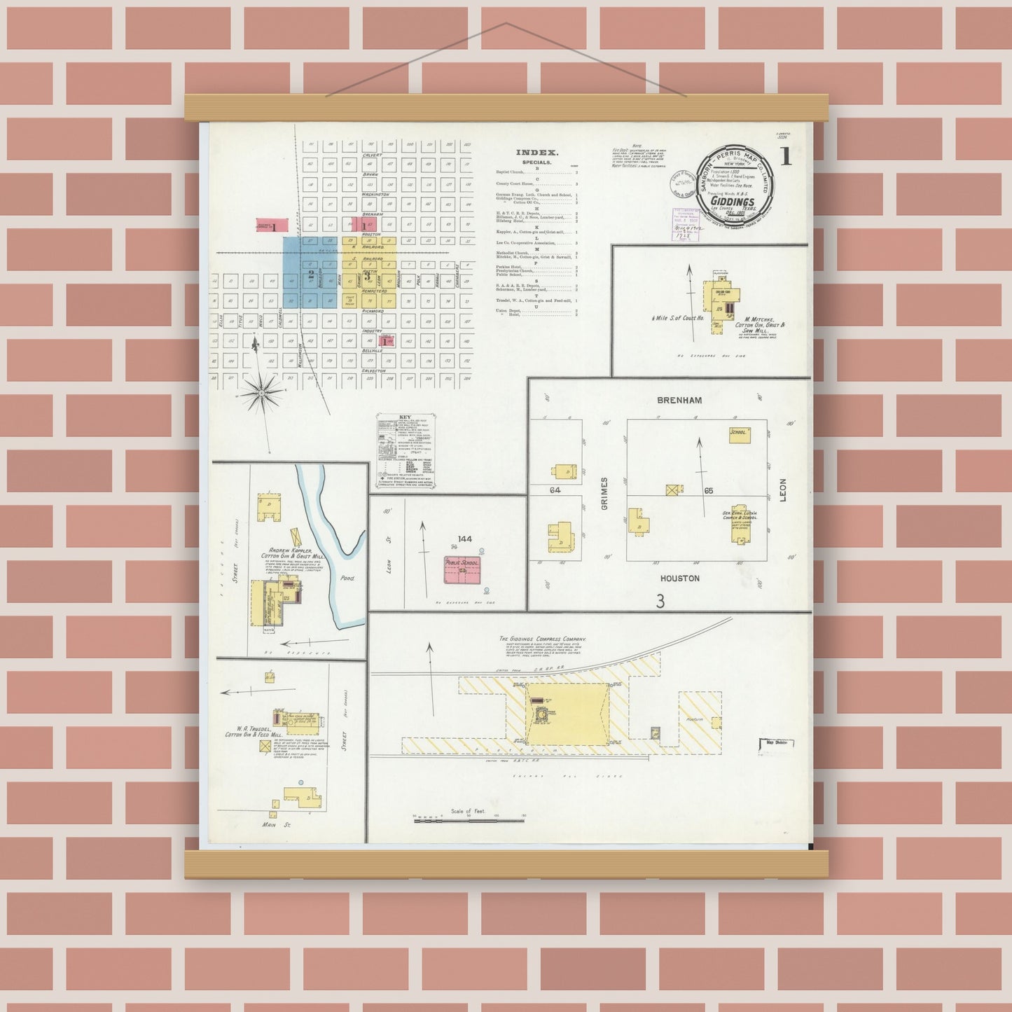 Old map wall art mockup — magnetic wood frame on brick wall — Sanborn Fire Insurance Map from Giddings, Lee County, Texas (1901), Sheet #0001