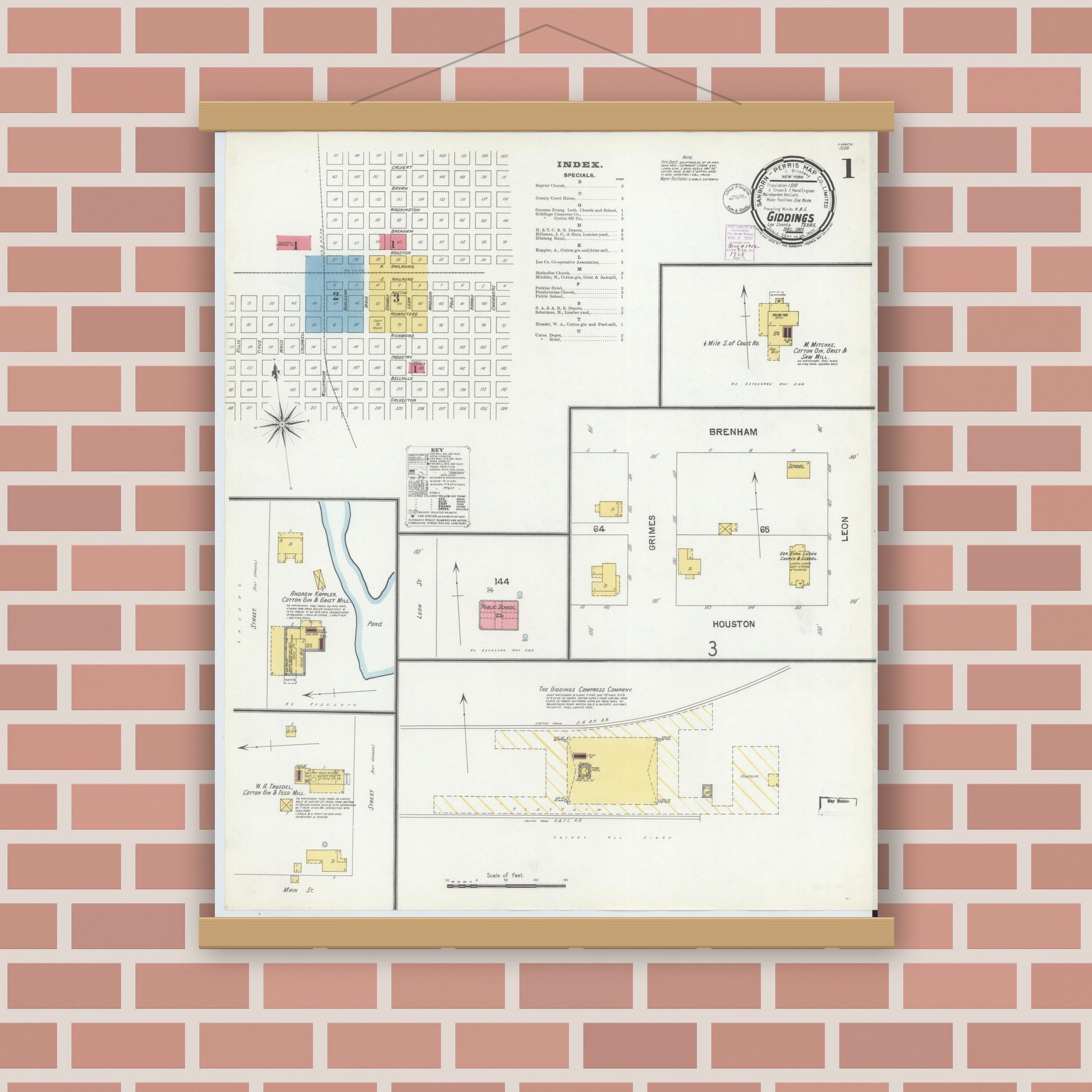 Old map wall art mockup — magnetic wood frame on brick wall — Sanborn Fire Insurance Map from Giddings, Lee County, Texas (1901), Sheet #0001