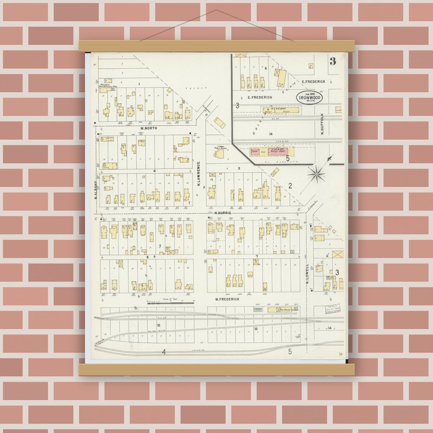 Old map wall art mockup — magnetic wood frame on brick wall — Sanborn Fire Insurance Map from Ironwood, Gogebic County, Michigan (1898), Sheet #0003