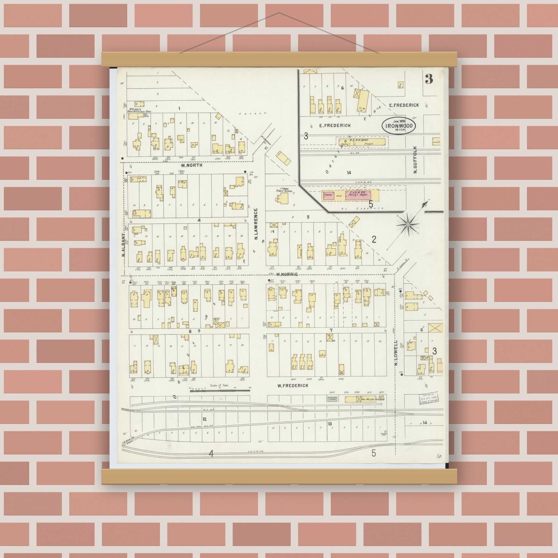 Old map wall art mockup — magnetic wood frame on brick wall — Sanborn Fire Insurance Map from Ironwood, Gogebic County, Michigan (1898), Sheet #0003