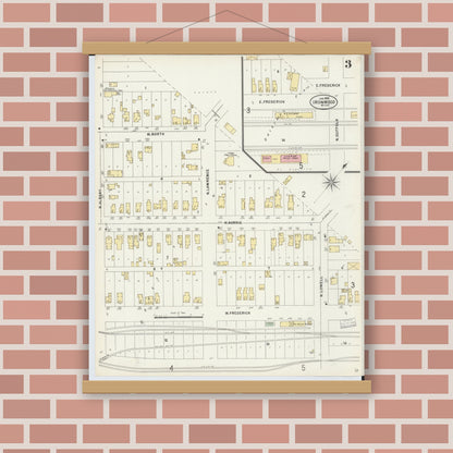 Old map wall art mockup — magnetic wood frame on brick wall — Sanborn Fire Insurance Map from Ironwood, Gogebic County, Michigan (1898), Sheet #0003