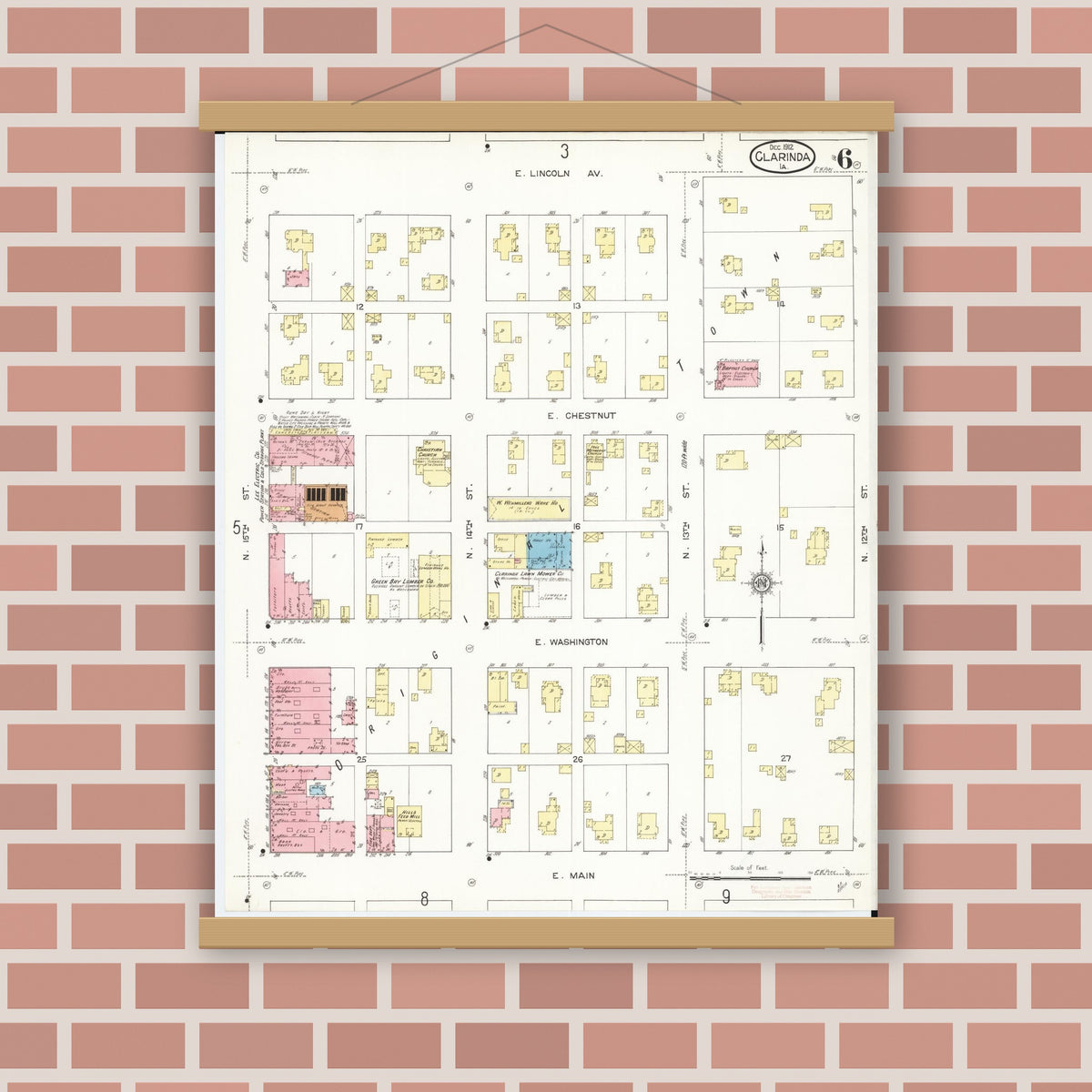 Old map wall art mockup — magnetic wood frame on brick wall — Sanborn Fire Insurance Map from Clarinda, Page County, Iowa (1912), Sheet #0006