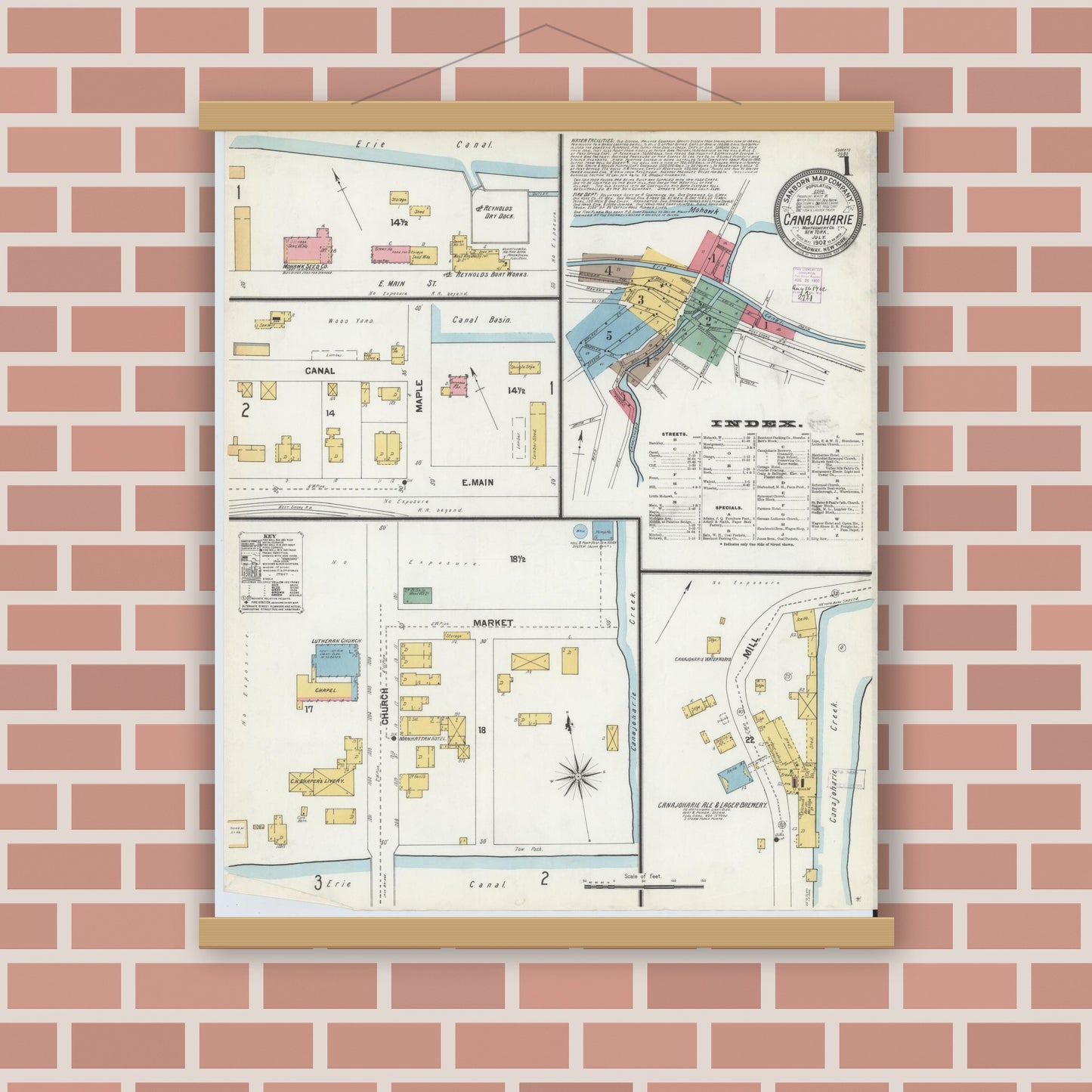 Old map wall art mockup — magnetic wood frame on brick wall — Sanborn Fire Insurance Map from Canajoharie, Montgomery County, New York (1902) - Complete Map Set