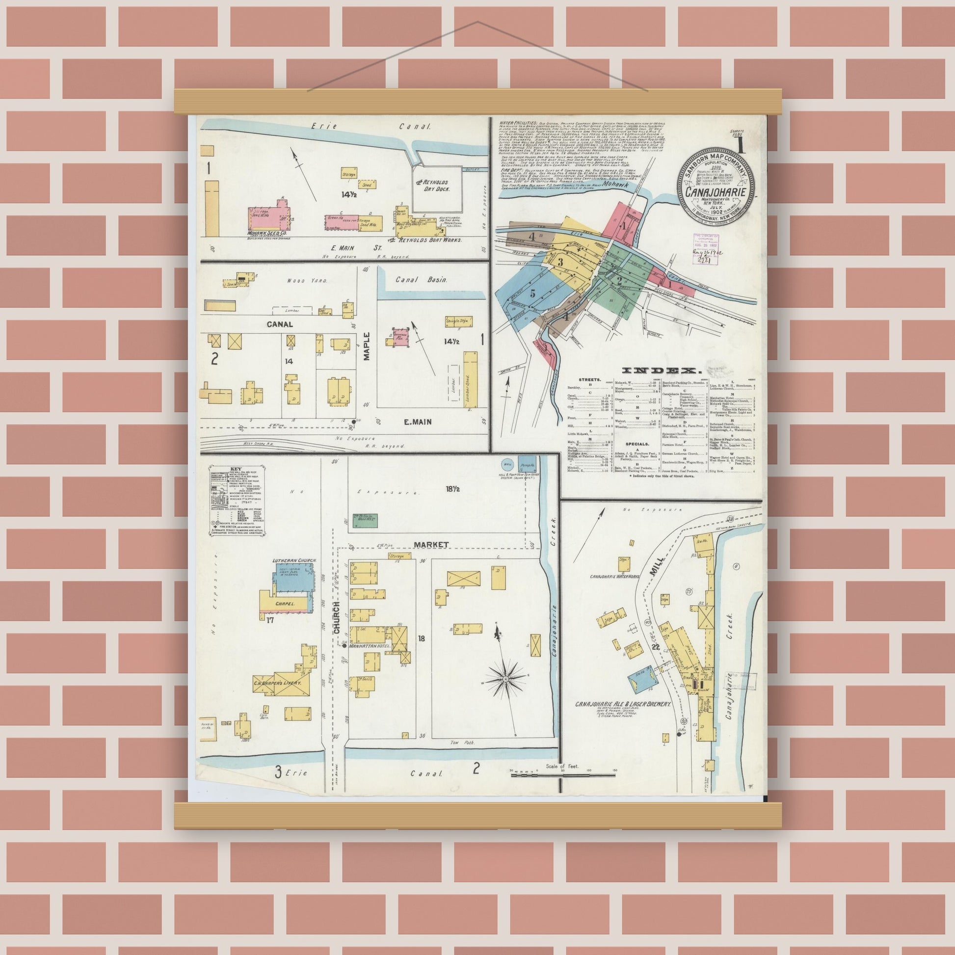 Old map wall art mockup — magnetic wood frame on brick wall — Sanborn Fire Insurance Map from Canajoharie, Montgomery County, New York (1902) - Complete Map Set