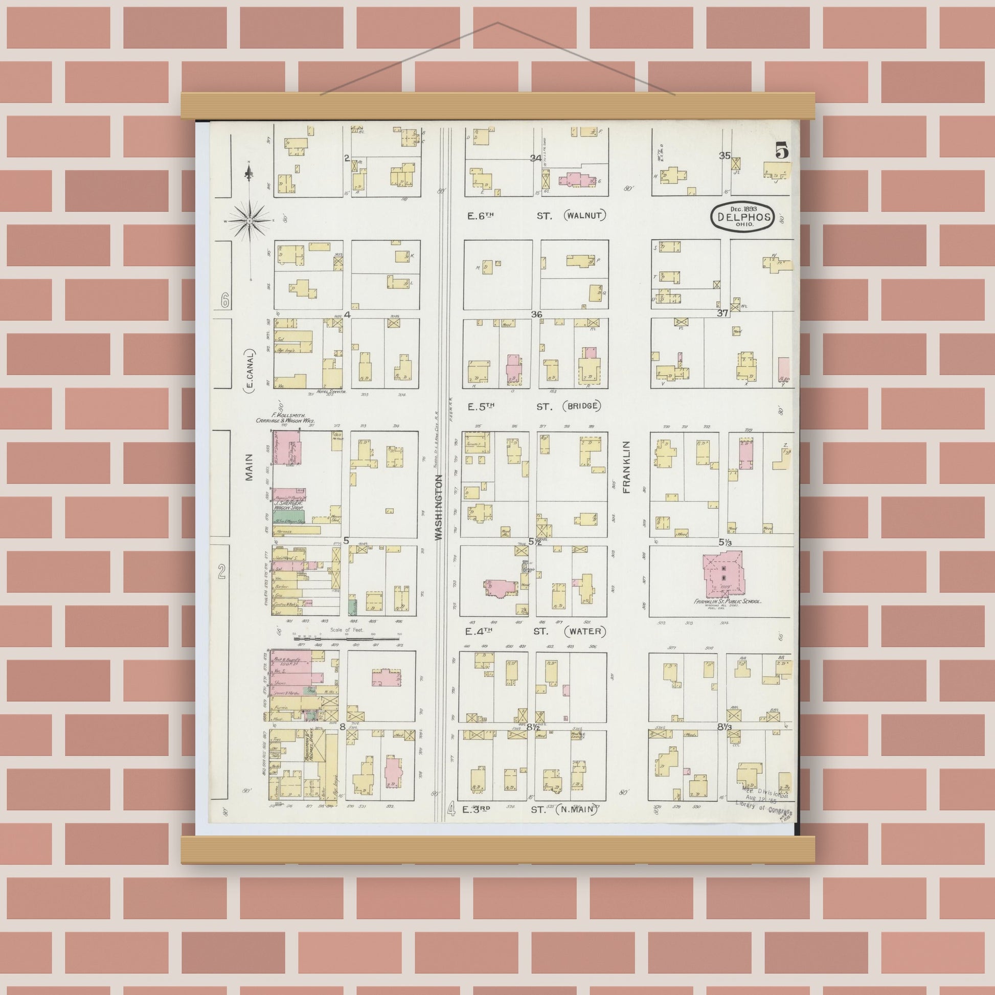 Old map wall art mockup — magnetic wood frame on brick wall — Sanborn Fire Insurance Map from Delphos, Van Wert And Allen Counties, Ohio (1892), Sheet #0005
