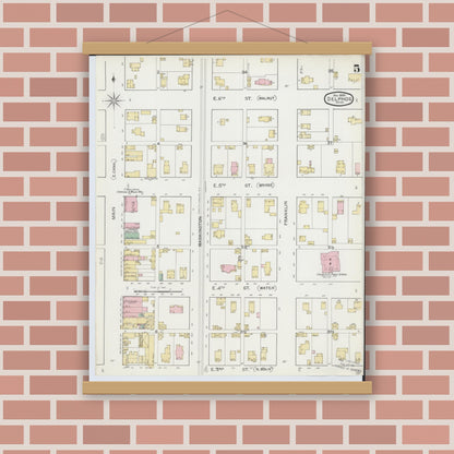 Old map wall art mockup — magnetic wood frame on brick wall — Sanborn Fire Insurance Map from Delphos, Van Wert And Allen Counties, Ohio (1892), Sheet #0005