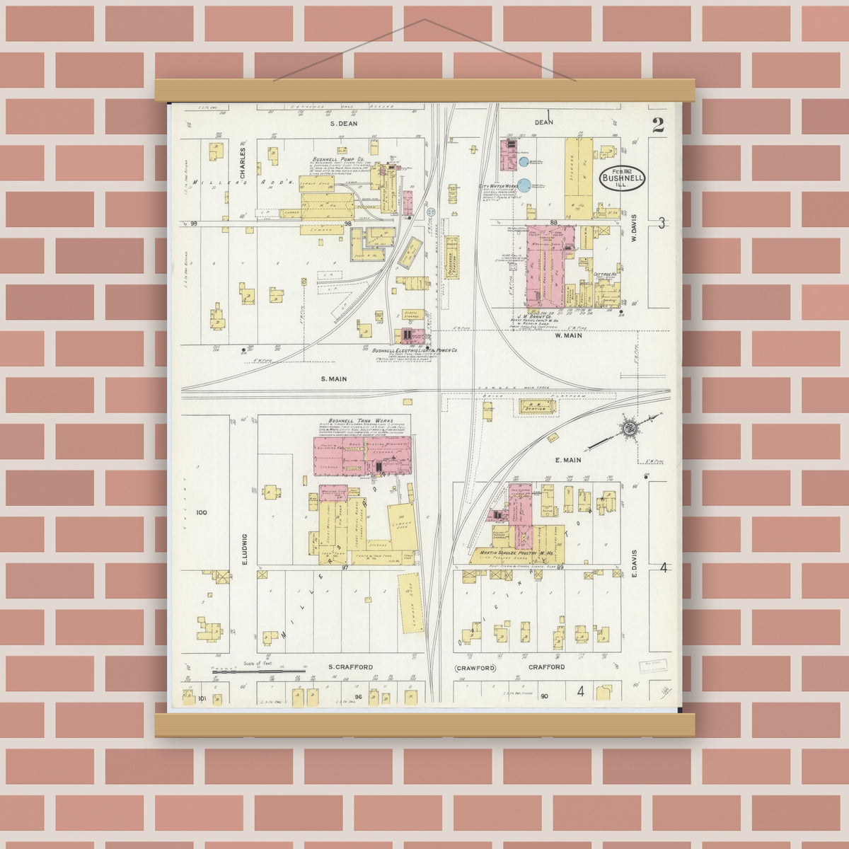 Old map wall art mockup — magnetic wood frame on brick wall — Sanborn Fire Insurance Map from Bushnell, Mcdonough County, Illinois (1912), Sheet #0002