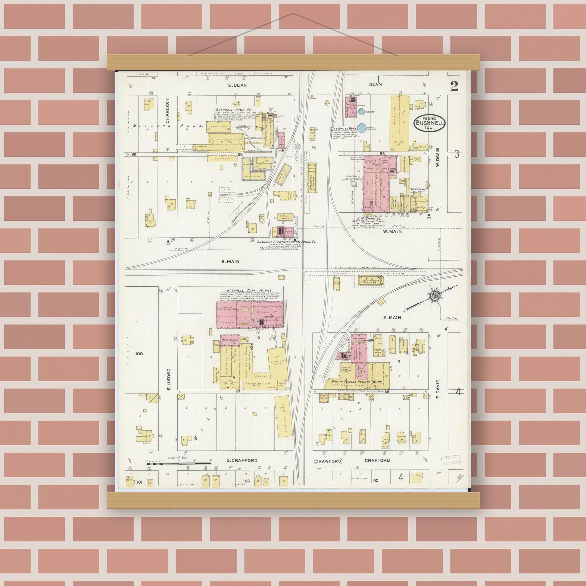 Old map wall art mockup — magnetic wood frame on brick wall — Sanborn Fire Insurance Map from Bushnell, Mcdonough County, Illinois (1912), Sheet #0002