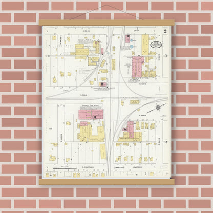 Old map wall art mockup — magnetic wood frame on brick wall — Sanborn Fire Insurance Map from Bushnell, Mcdonough County, Illinois (1912), Sheet #0002