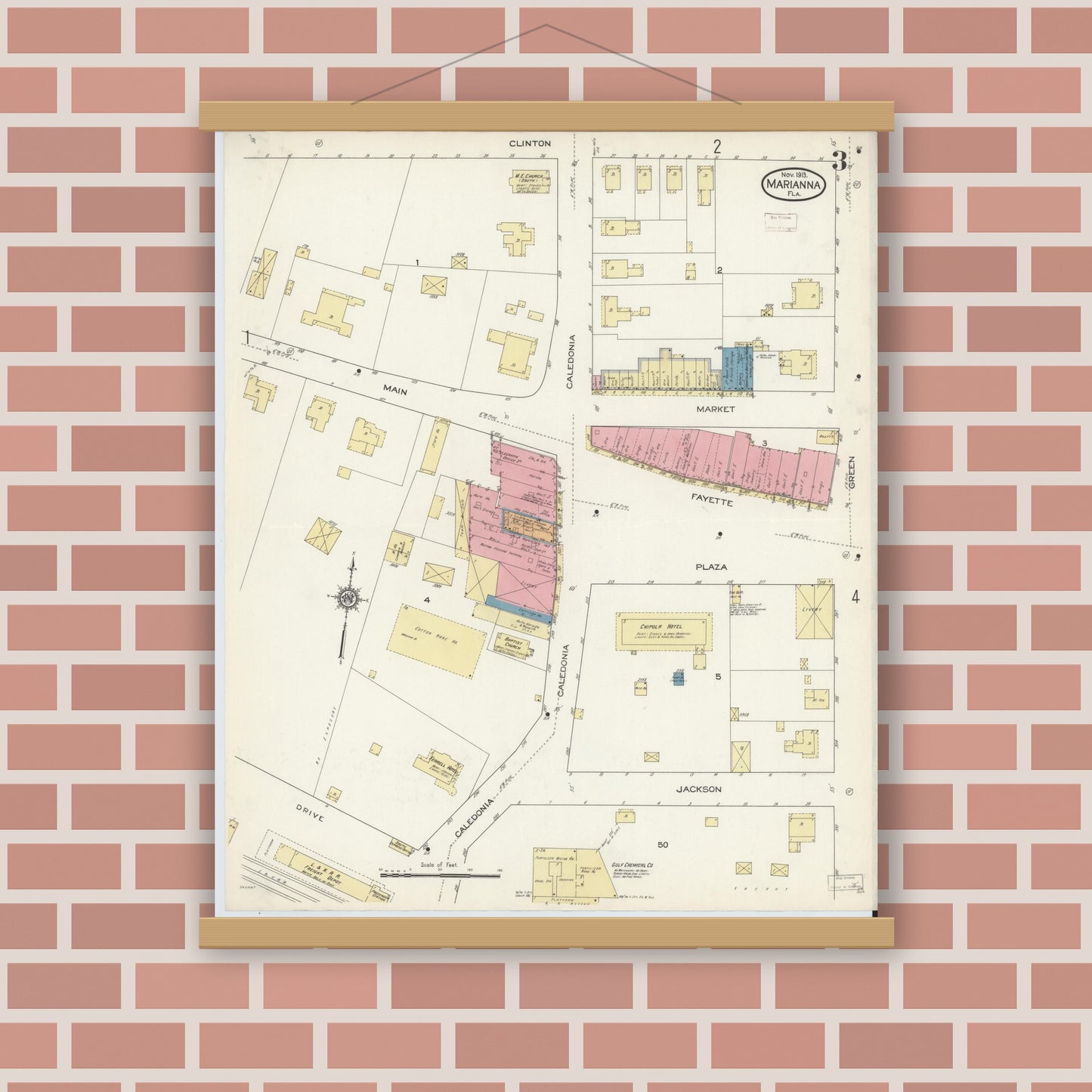 Old map wall art mockup — magnetic wood frame on brick wall — Sanborn Fire Insurance Map from Marianna, Jackson County, Florida (1913), Sheet #0003