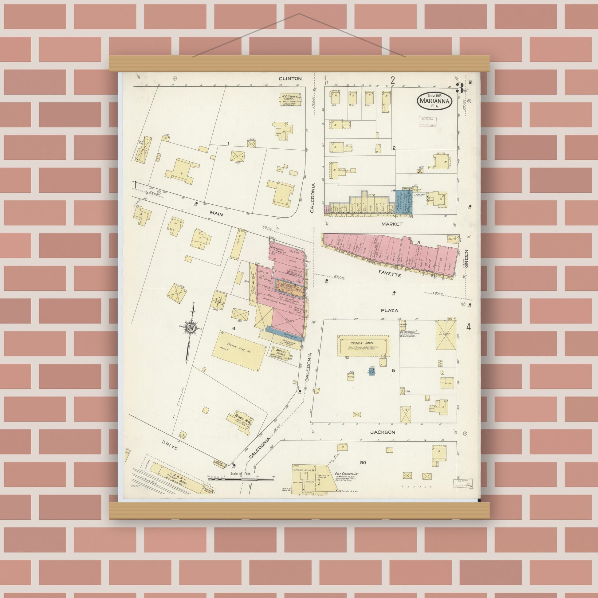 Old map wall art mockup — magnetic wood frame on brick wall — Sanborn Fire Insurance Map from Marianna, Jackson County, Florida (1913), Sheet #0003