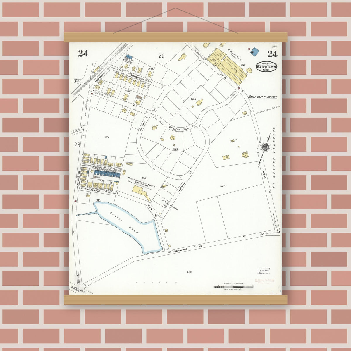Old map wall art mockup — magnetic wood frame on brick wall — Sanborn Fire Insurance Map from Watertown, Middlesex County, Massachusetts (1923), Sheet #0024