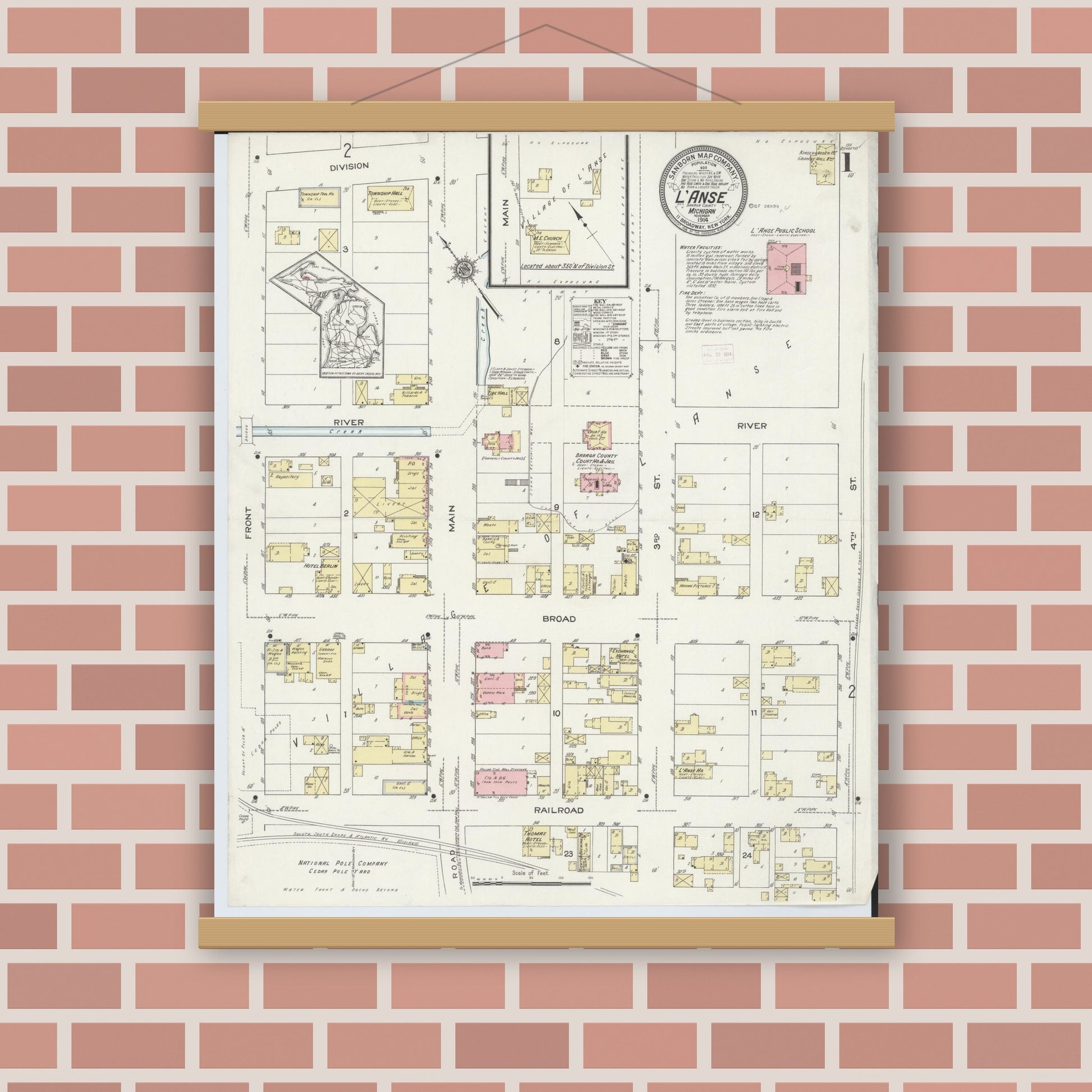 Old map wall art mockup — magnetic wood frame on brick wall — Sanborn Fire Insurance Map from L'Anse, Baraga County, Michigan (1914), Sheet #0001