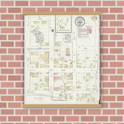 Old map wall art mockup — magnetic wood frame on brick wall — Sanborn Fire Insurance Map from L'Anse, Baraga County, Michigan (1914), Sheet #0001